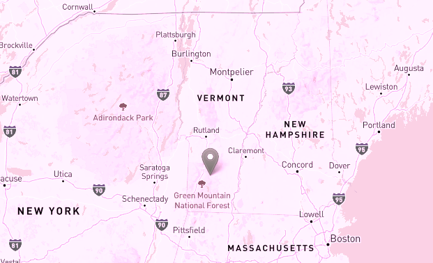 A map showing a marker in Vermont, USA, in the midst of the Green Mountain National Forest, near to the town of Winhall